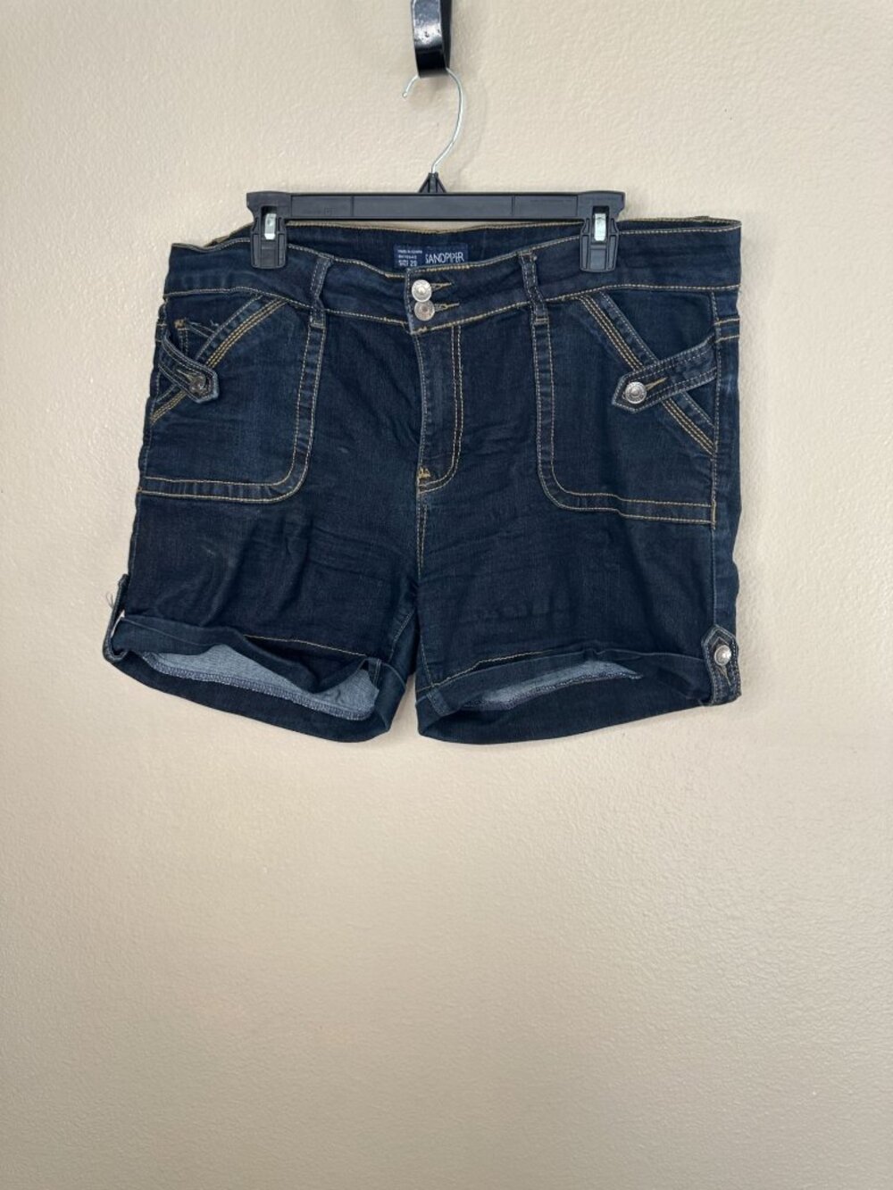 Sandpiper Womens Dark Wash Denim Shorts  20 Rolled Cuffs & Button Accents